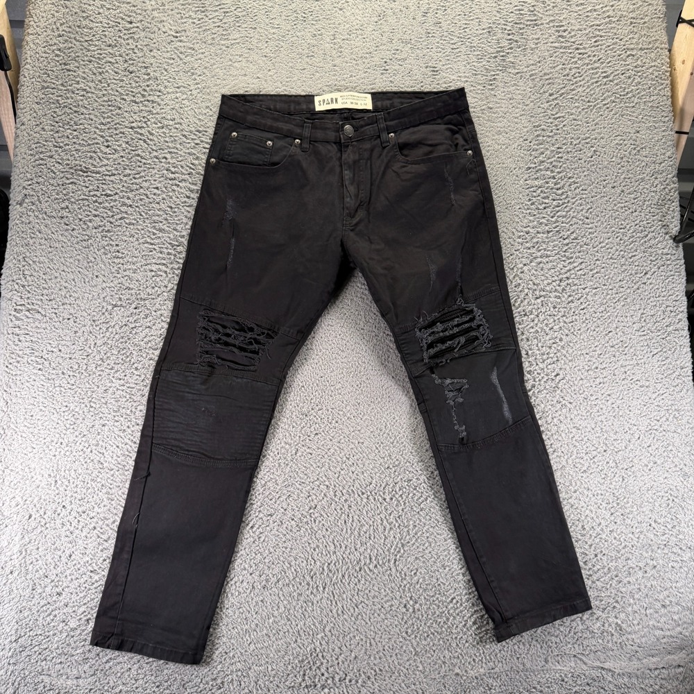 Spark Studio Jeans Mens 38x30 Black Denim Straight Distressed Workwear Stretch